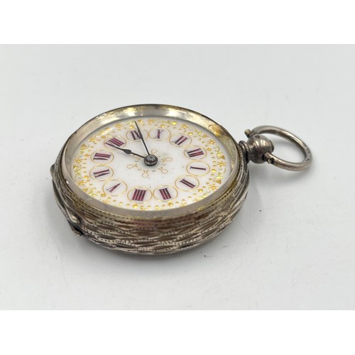 2306 - A late 19th century Swiss .935 silver open face key wind pocket watch with enamel hand finished dial... 