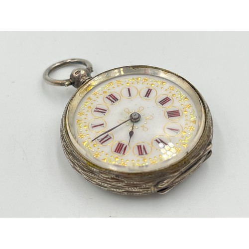 2306 - A late 19th century Swiss .935 silver open face key wind pocket watch with enamel hand finished dial... 