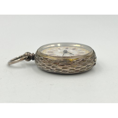 2306 - A late 19th century Swiss .935 silver open face key wind pocket watch with enamel hand finished dial... 