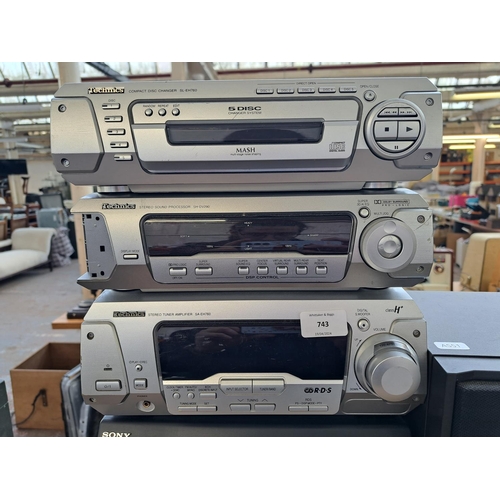 743 - Four items of hi-fi, one Technics three piece stereo system comprising SL-EH760 five disc changer CD... 