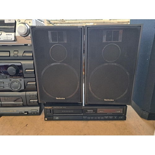 743 - Four items of hi-fi, one Technics three piece stereo system comprising SL-EH760 five disc changer CD... 