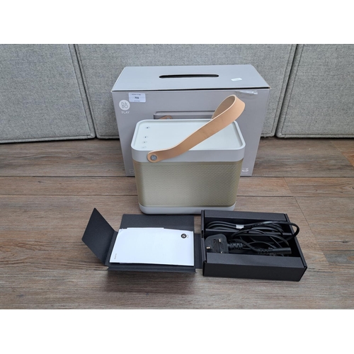 755 - A boxed Bang & Olufsen Beolit 15 Bluetooth speaker with power cable and instruction manual