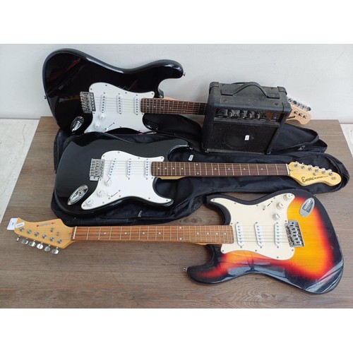 788 - Four items, three Stratocaster style electric guitars to include cased Encore Blaster Series and one... 