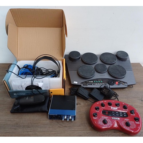 796 - Three items, one Yamaha DD-50 table top digital drum kit with pedals and power adaptor, one Line 6 P... 