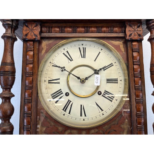 570 - A Victorian carved oak chiming wall clock - approx. 98cm high x 40cm wide