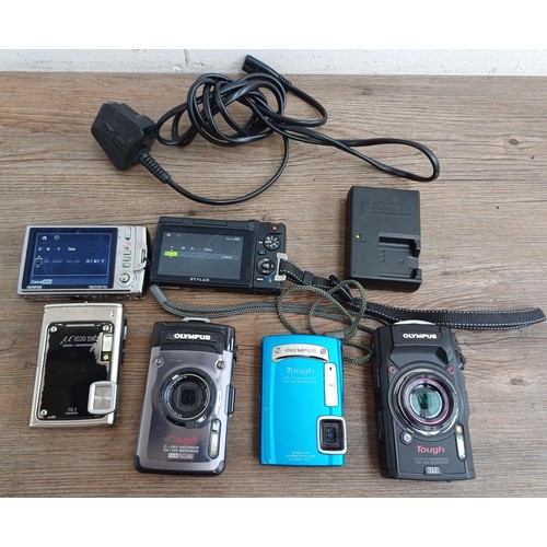 617 - Six Olympus shockproof and waterproof digital cameras, TG-850, TG-610, TG-1, TG-5, µ1030SW and TG-32... 