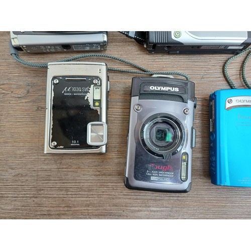 617 - Six Olympus shockproof and waterproof digital cameras, TG-850, TG-610, TG-1, TG-5, µ1030SW and TG-32... 