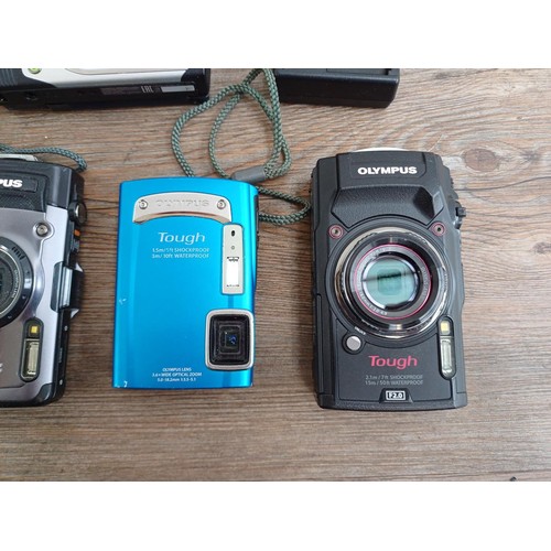 617 - Six Olympus shockproof and waterproof digital cameras, TG-850, TG-610, TG-1, TG-5, µ1030SW and TG-32... 