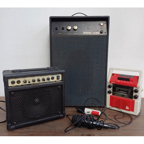 838 - Four items, one vintage Selmer 15SS amplifier, one MS-15G 15w guitar amplifier, one The Singing Mach... 