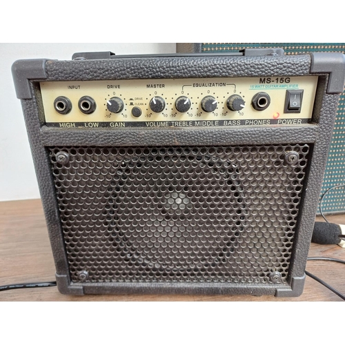 838 - Four items, one vintage Selmer 15SS amplifier, one MS-15G 15w guitar amplifier, one The Singing Mach... 