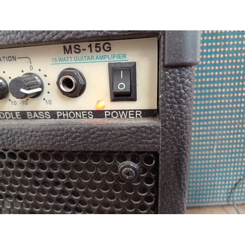 838 - Four items, one vintage Selmer 15SS amplifier, one MS-15G 15w guitar amplifier, one The Singing Mach... 