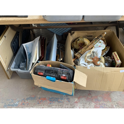 1026 - Three boxes containing soft toys, ceramics, glassware, framed pictures etc.