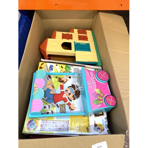 1031 - Two boxes containing toys and games to include Ferrari model vehicle, dolls house, JCB model vehicle... 