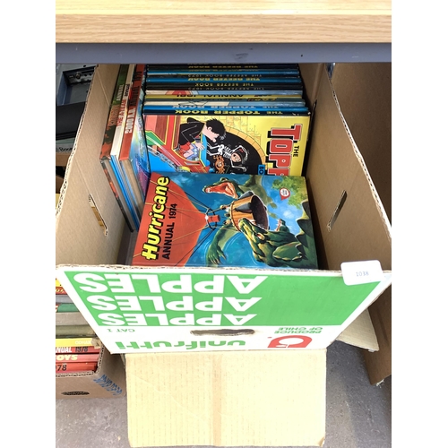 1038 - Six boxes containing a large collection of vintage annuals to include Dandy, Beano etc.