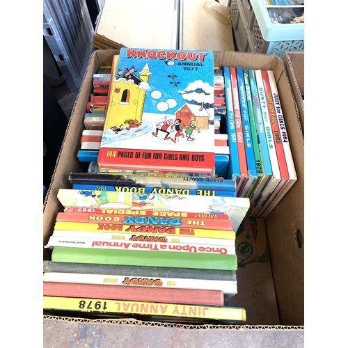 1038 - Six boxes containing a large collection of vintage annuals to include Dandy, Beano etc.