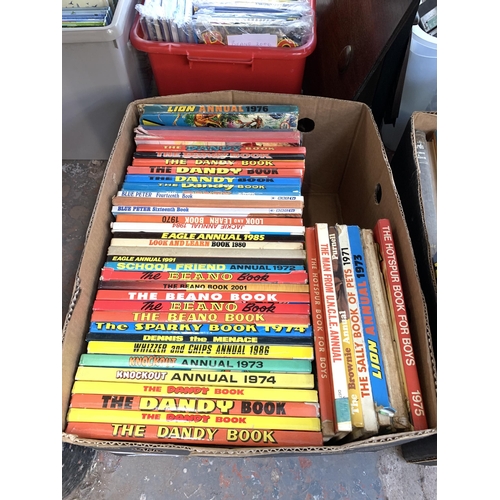 1038 - Six boxes containing a large collection of vintage annuals to include Dandy, Beano etc.