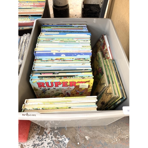 1040 - Two boxes containing a large collection of vintage annuals to include Rupert the Bear, The Beano, Da... 