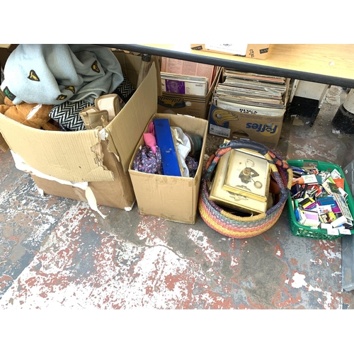 1044 - Three boxes and one handled basket containing blue blanket with embroidered vintage Girl Guides clot... 