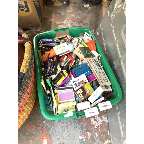 1044 - Three boxes and one handled basket containing blue blanket with embroidered vintage Girl Guides clot... 