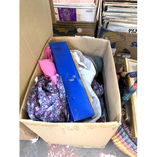 1044 - Three boxes and one handled basket containing blue blanket with embroidered vintage Girl Guides clot... 