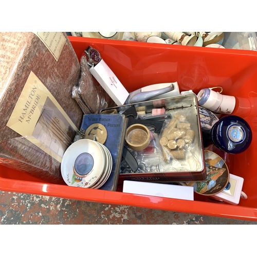 1060 - Three boxes containing ceramics and glassware to include a pair of Wedgwood Queen's Ware candlestick... 