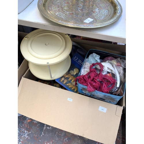 1061 - A large collection of house clearance items to include kitchenware, tools, lace material etc.