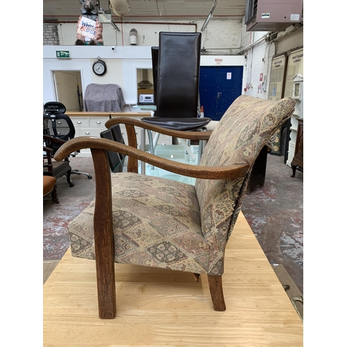 53 - A mid 20th century oak and fabric upholstered bedroom chair - approx. 62cm high x 57cm wide x 65cm d... 