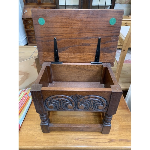 72 - An Old Charm carved oak sewing table - approx. 39cm high x 47cm wide x 32cm deep