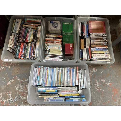 847 - Four boxes containing CDs and DVDs to include Education Rita, Red Dragon, The Best of Dave Allen, Po... 