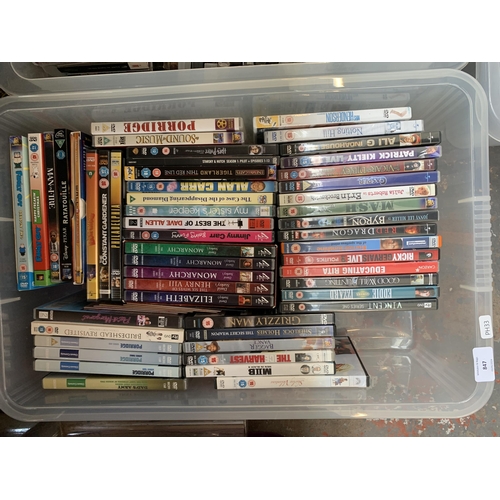 847 - Four boxes containing CDs and DVDs to include Education Rita, Red Dragon, The Best of Dave Allen, Po... 