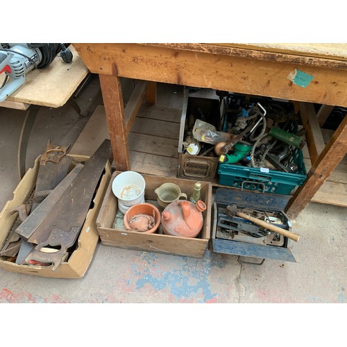 984B - Various items to include vintage hand tools, metal concertina tool box, terracotta jugs etc.