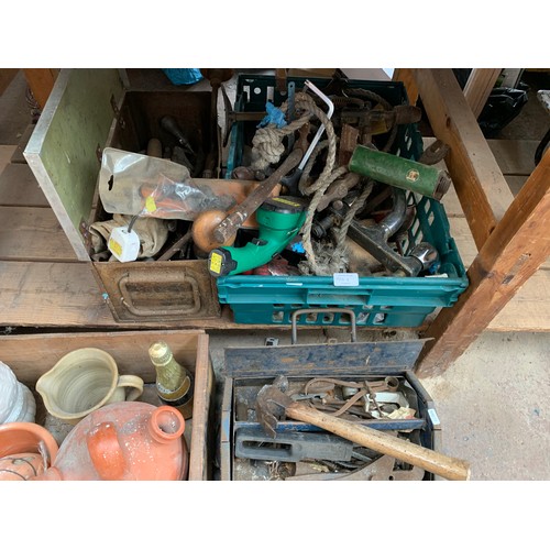 984B - Various items to include vintage hand tools, metal concertina tool box, terracotta jugs etc.