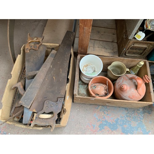 984B - Various items to include vintage hand tools, metal concertina tool box, terracotta jugs etc.