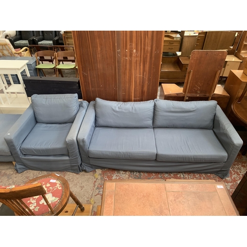 197 - An IKEA fabric upholstered three piece lounge suite with blue fabric removable covers