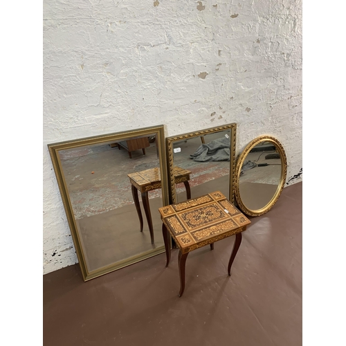 198 - Four items, three gilt framed wall mirrors and one Italian style musical side table