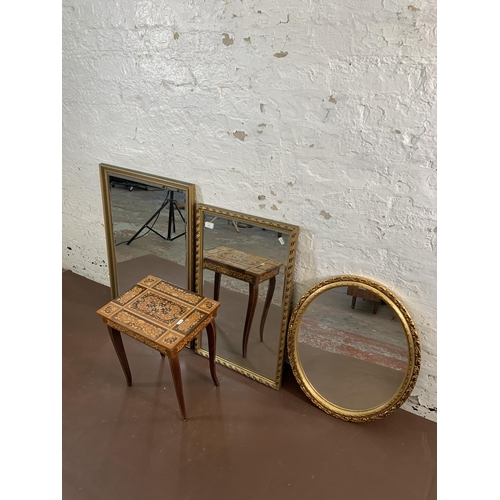 198 - Four items, three gilt framed wall mirrors and one Italian style musical side table