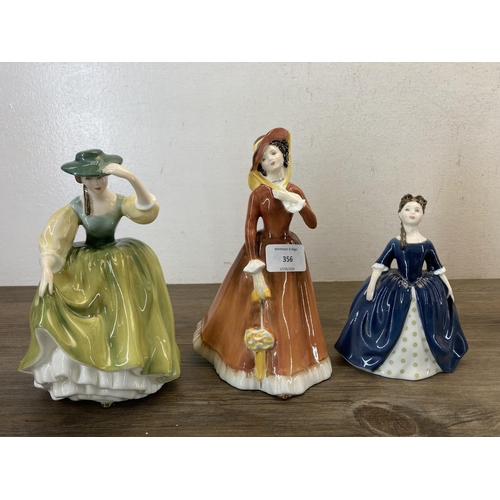 356 - Seven Royal Doulton figurines, Julia - HN2705, Buttercup - HN2309, Debbie - HN2385, Fair Lady (Red) ... 