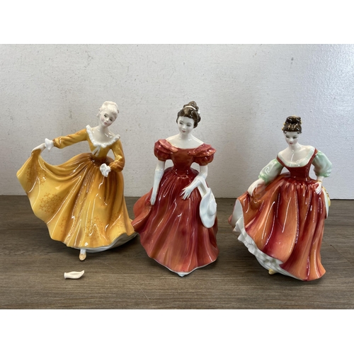 356 - Seven Royal Doulton figurines, Julia - HN2705, Buttercup - HN2309, Debbie - HN2385, Fair Lady (Red) ... 