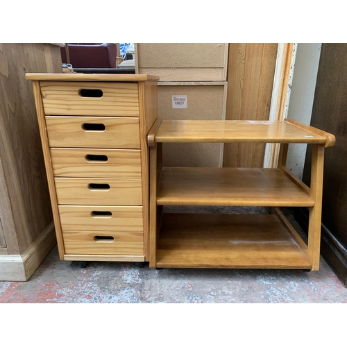 123 - Two pieces of modern furniture, one pine chest of drawers on castors and one beech three tier side t... 