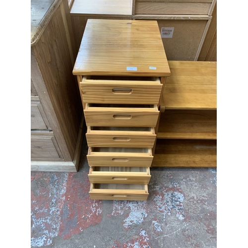 123 - Two pieces of modern furniture, one pine chest of drawers on castors and one beech three tier side t... 