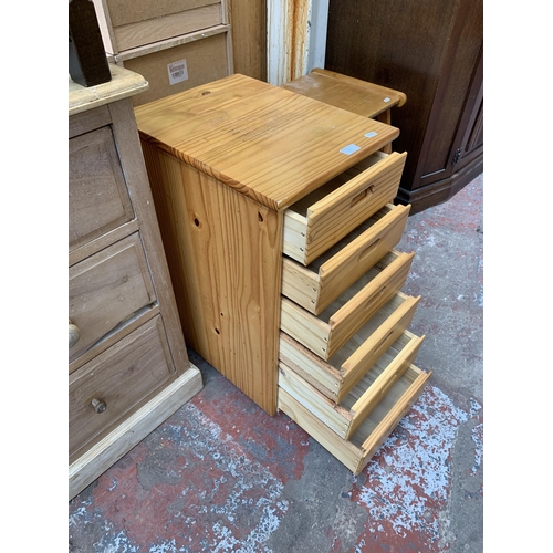 123 - Two pieces of modern furniture, one pine chest of drawers on castors and one beech three tier side t... 