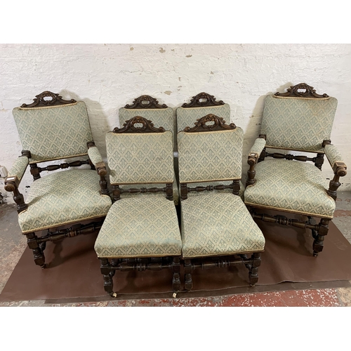 15 - Six 19th century carved oak and fabric upholstered dining chairs