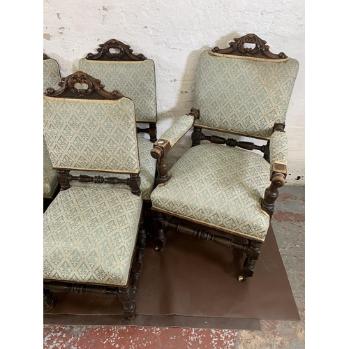 15 - Six 19th century carved oak and fabric upholstered dining chairs