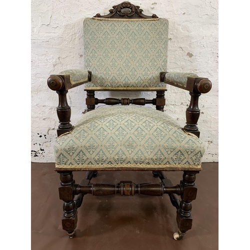 15 - Six 19th century carved oak and fabric upholstered dining chairs