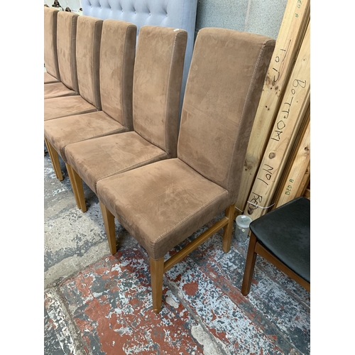 18 - Six Morris Furniture Group brown suede and oak dining chairs