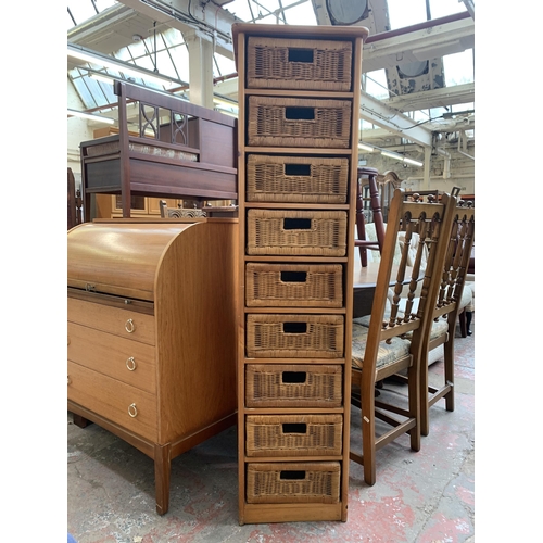 190 - A modern pine and wicker chest of drawers - approx. 154cm high x 40cm wide 34cm deep