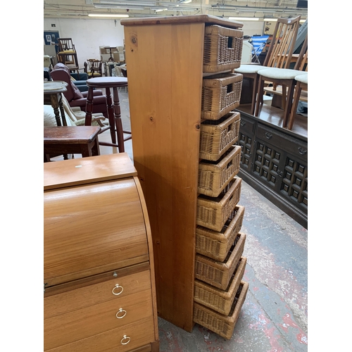 190 - A modern pine and wicker chest of drawers - approx. 154cm high x 40cm wide 34cm deep