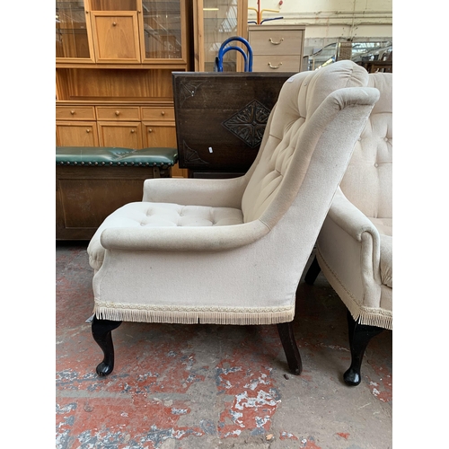 195 - A pair of late 20th century Victorian style button back fabric upholstered armchairs on cabriole sup... 