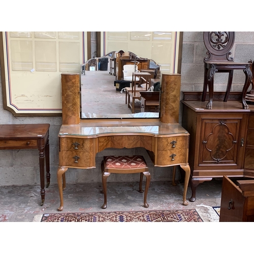 2 - A Queen Anne style walnut dressing table and stool - approx. 154cm high x 128cm wide x 52cm deep