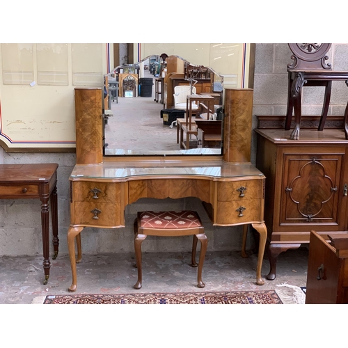 2 - A Queen Anne style walnut dressing table and stool - approx. 154cm high x 128cm wide x 52cm deep